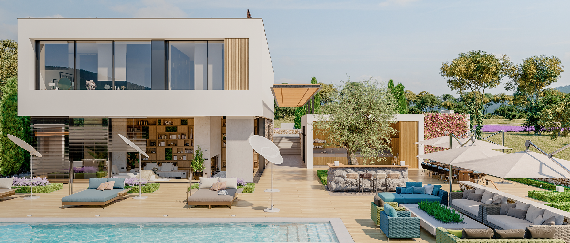 Modern villa featuring a swimming pool and outdoor seating area under clear skies
